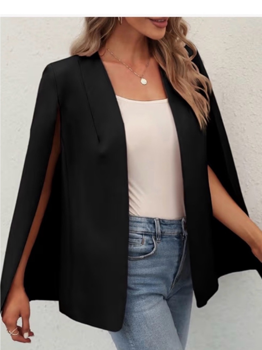 Boohoo Black Open-Sleeve Cape Blazer